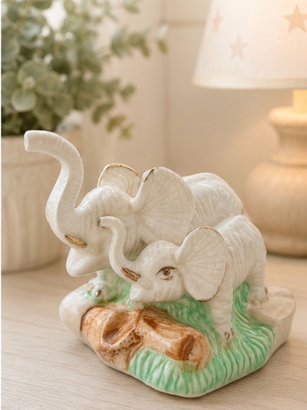 Vintage White Ceramic Elephant Figurine with Gold Trim